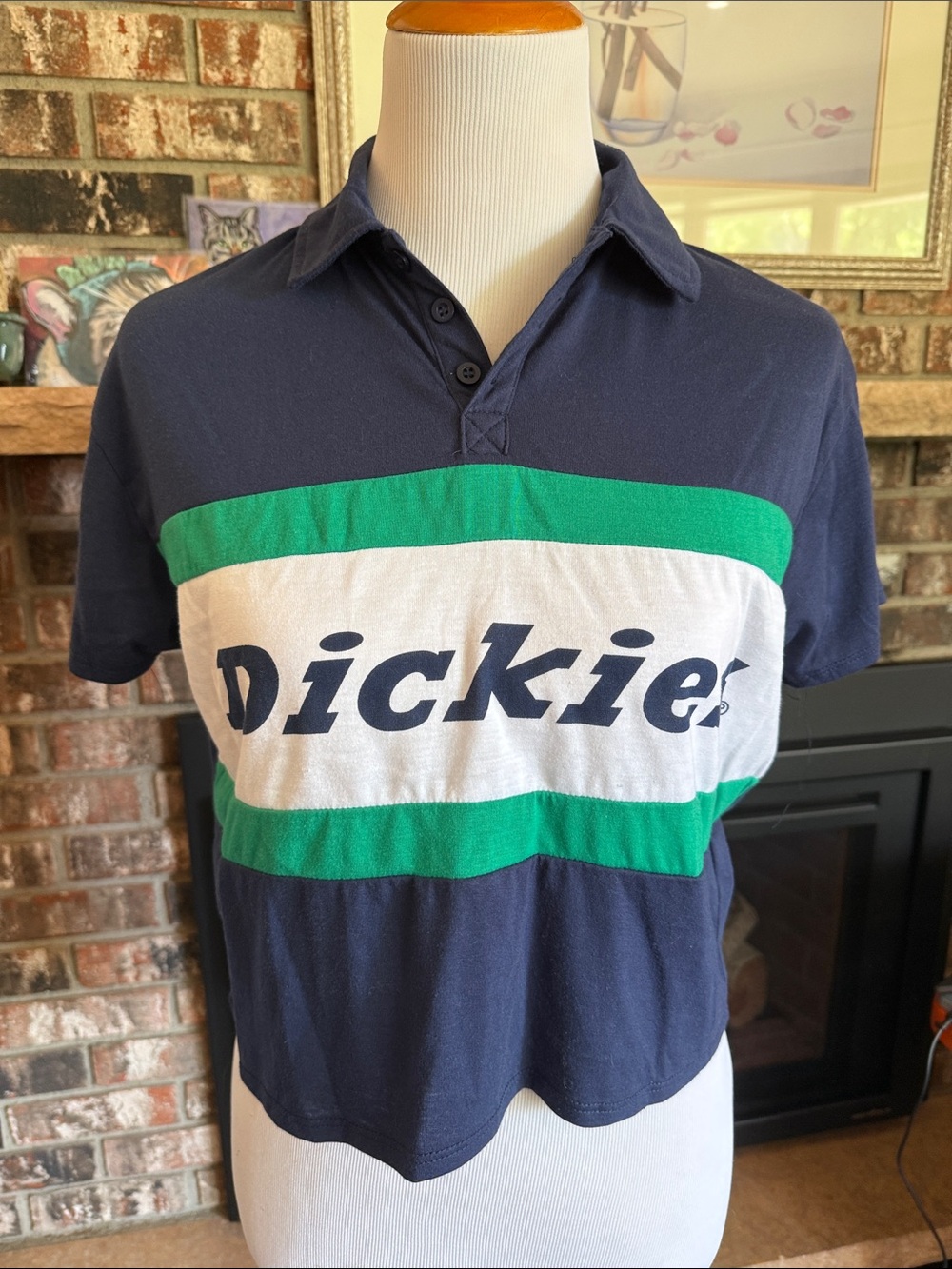 DICKIES short sleeved collared crop top. Blue, green & white color block.